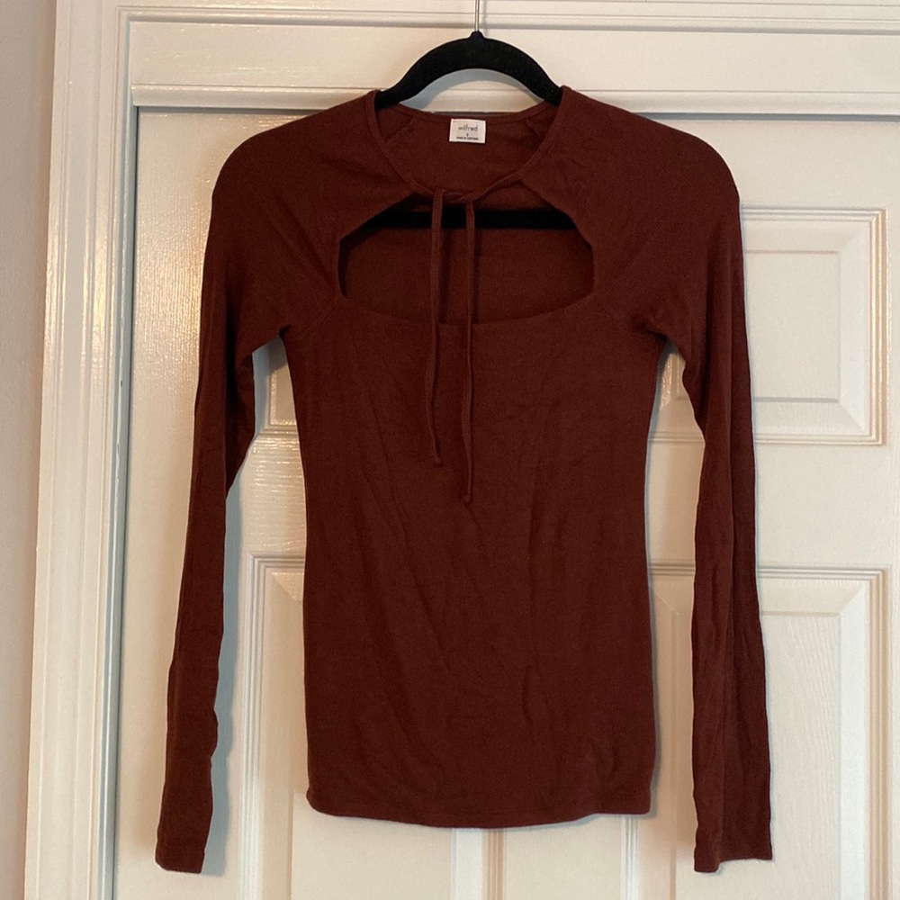 Aritzia Burgundy Long Sleeve T Shirt with tie front